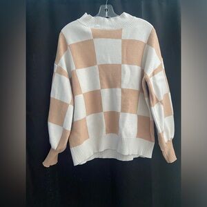 Elegant Tan and White Checkered Women's Sweater
